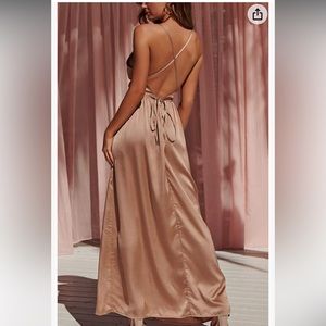 Wedding guest silky nude tan maxi dress with open back and leg slit